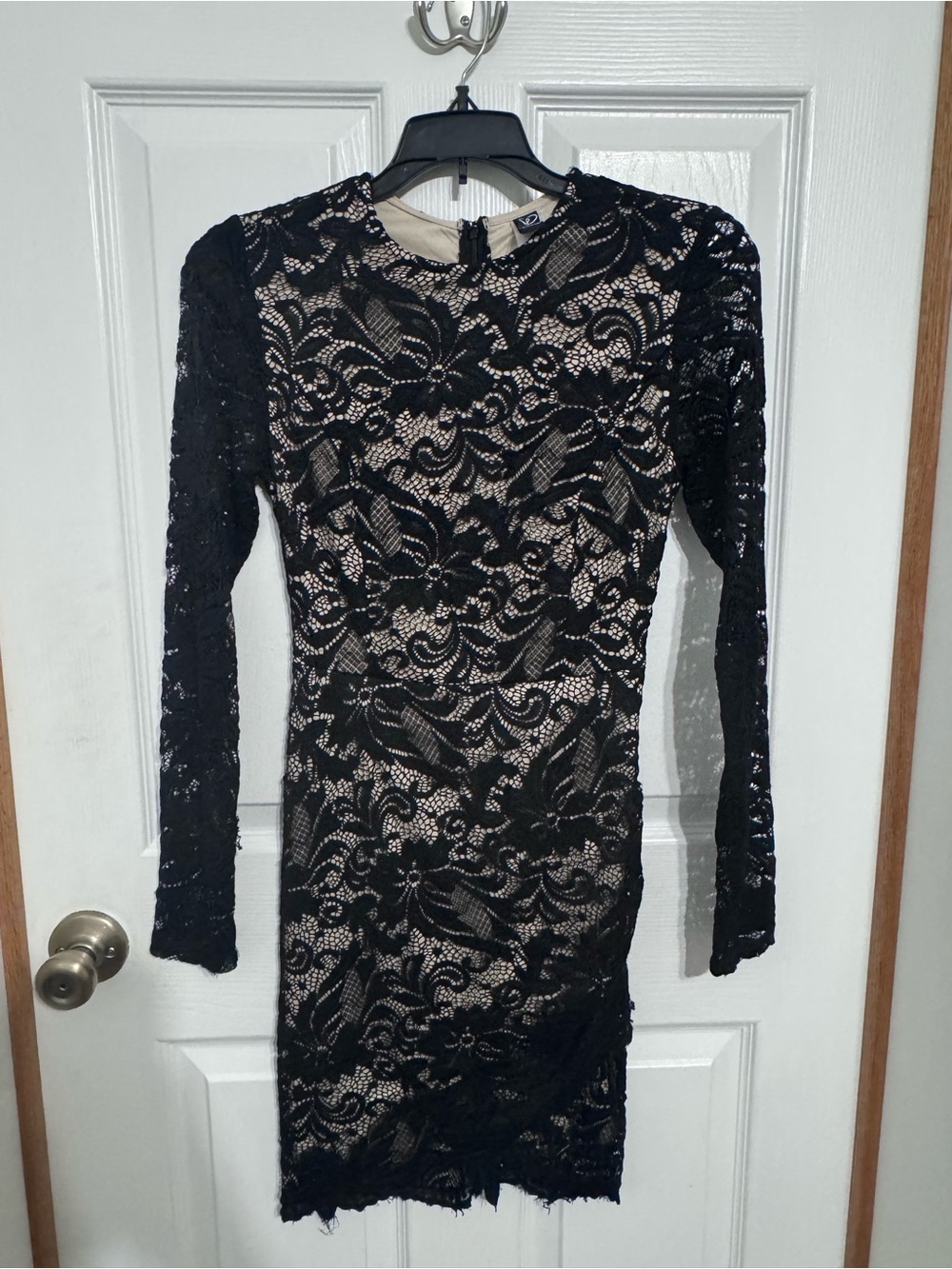 Black Lace Long-Sleeve Mini Dress with Nude Lining